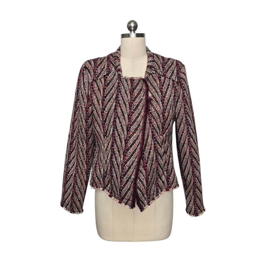 Driftwood Womens Chevron Tweed Open Front Jacket Burgundy Wool Blend Size Large